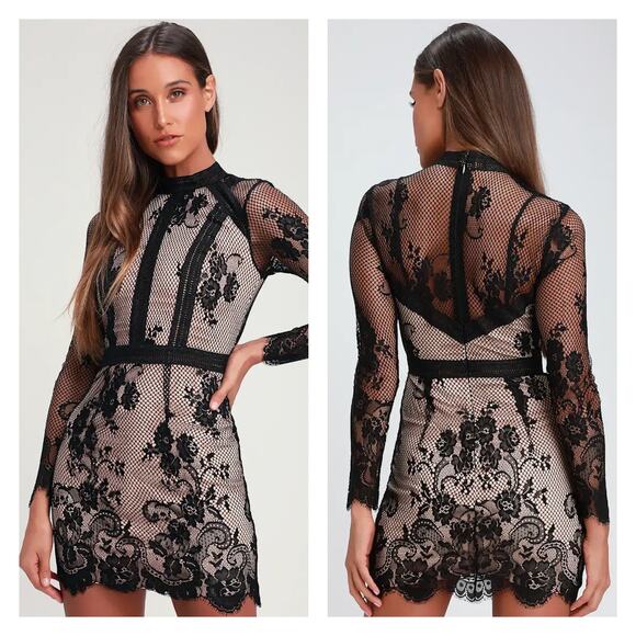 RYSE THE LABEL Dresses & Skirts - Ryse The Label Samson Black & Nude Lace Overlay Long Sleeve Dress Size XS